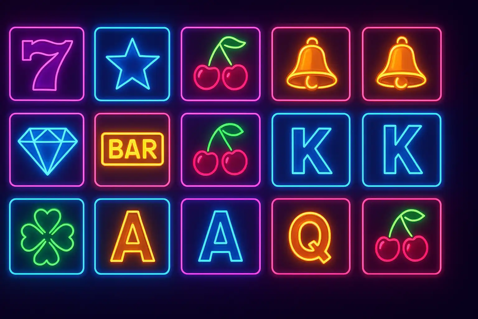 Grid of colourful slot machine reels glowing under purple casino lighting