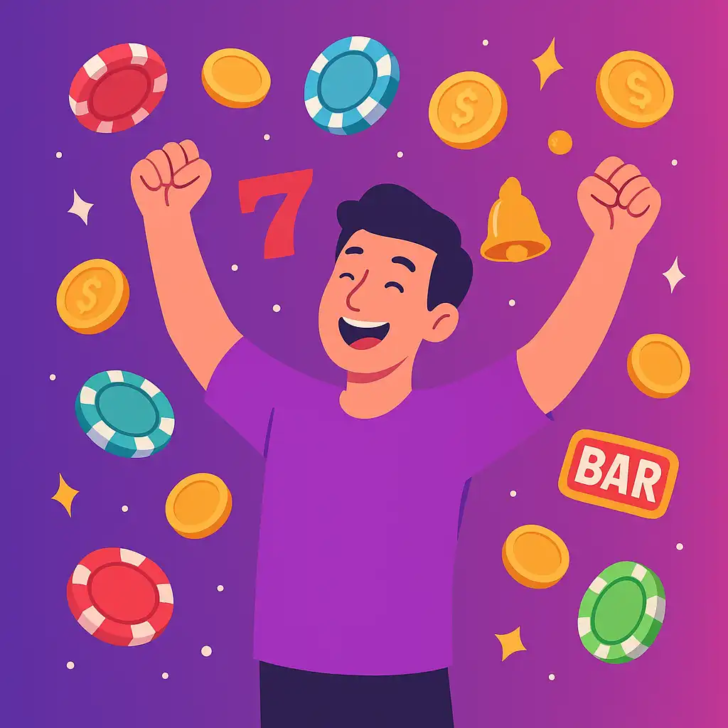 Celebrating player surrounded by slot symbols and coins
